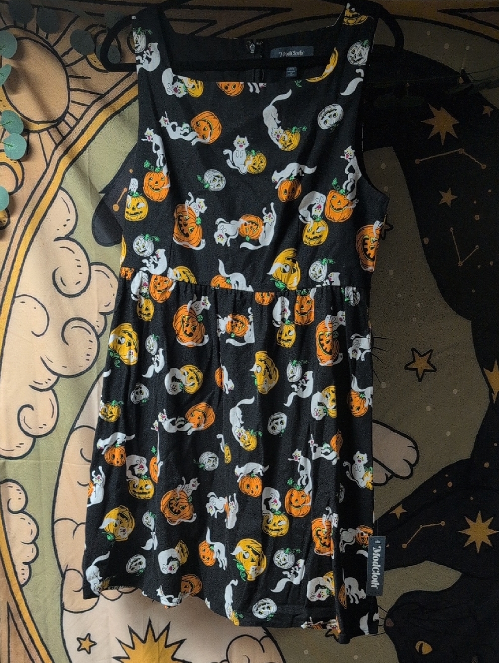 Modcloth Black Halloween Pumpkin & Ghost Print Dress